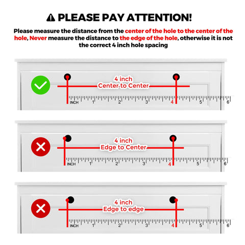 Illustration showing the correct 4 inch center-to-center measurement for cabinet pulls, with incorrect edge-to-center and edge-to-edge examples.