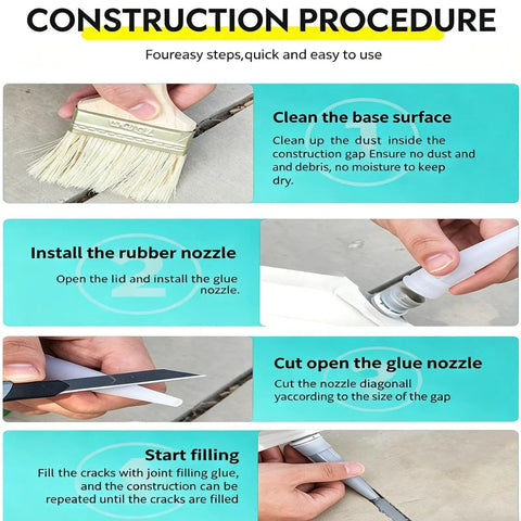 Concrete Crack Filler Quick Drying Waterproof Sealant For Floors Walls Outdoor Decks And All Masonry Crevices From Tile To Brick Hassle Free Easy Application construction procedure instructions with brush and nozzle tools visible.
