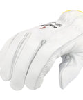 Close-up of Unisex A6 Cut Resistant Kamori White Grain Goatskin Driver Gloves With Keystone Thumb, showing durable white handwear.