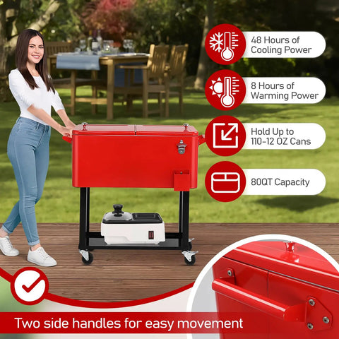 Woman using 80 Quart Rolling Cooler Cart With Locking Wheels, Party Ready Beverage Bar Cart For Patio And Backyard Get Togethers, Stand Up Ice Chest On Wheels With Storage Shelf And Bottle Opener, Keeps Ice Up To 48 Hours on patio