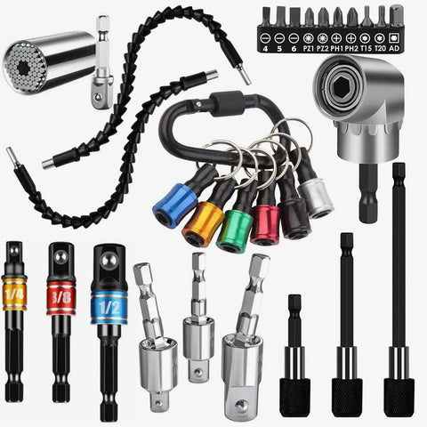 Pro Grade 31 Piece Flexible Drill Bit Extension Kit With 105 Degree Right Angle Attachments and Rotatable Joint Sockets