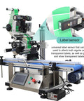 Automatic Flat Surface Labeling Machine With Built In Printer And Desktop Conveyor System For High Speed Precision Sticker Application Dead Simple Setup 110V close-up of label sensor and conveyor system.