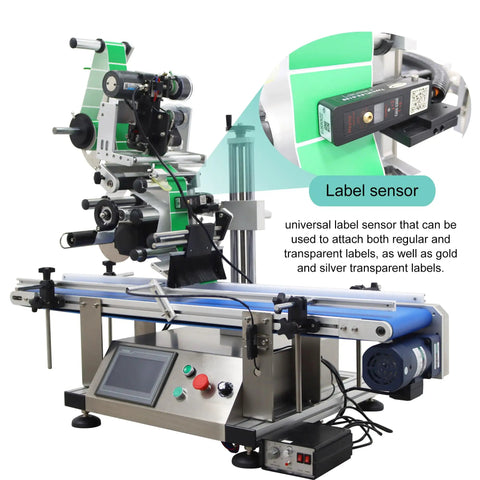Automatic Flat Surface Labeling Machine With Built In Printer And Desktop Conveyor System For High Speed Precision Sticker Application Dead Simple Setup 110V close-up of label sensor and conveyor system.