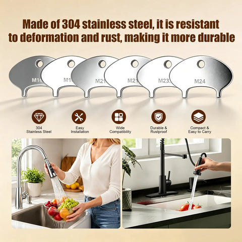 No Sweat Faucet Aerator Removal Tool And 6 Size Sink Filter Wrench Set Crafted From Tough 304 Stainless Steel close-up of tool sizes.