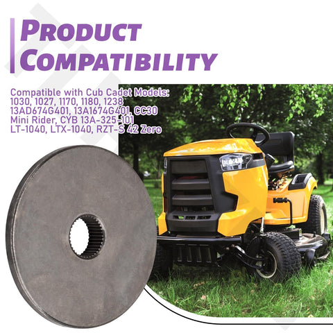 Beefed Up Brake Disc For Wide Range Mower Models Compatible With MTD Cub Cadet Craftsman RZT LT LTX 42 1040 S Rider Mini CYB 325 CC30 Replacement Part next to a yellow riding mower.