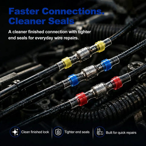 120-Piece Heat Shrink Solder Seal Wire Connectors Kit with Color-Coded 4 Size Set shown in marine wiring application.