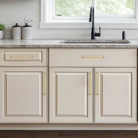 Top Shelf Brushed Gold Cabinet Handles Solid Zinc Alloy 7 1/2 Inch Center To Center 5 Pack installed on modern kitchen cabinets.