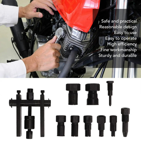 Beast Tough Bearing Removal Kit with 10 Collet Pullers for motorcycle maintenance, showing tools used on engine.