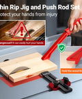 Thin Rip Jig and Push Stick for Table Saws, Aluminum Alloy Guide in use, cutting narrow strips on a table saw, showing safety features.