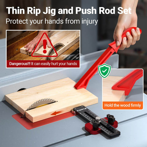 Thin Rip Jig and Push Stick for Table Saws, Aluminum Alloy Guide in use, cutting narrow strips on a table saw, showing safety features.