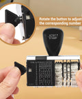 Heavy Duty 12 Phrase Date Rubber Stamp Slick Adjustable Office Stamper Featuring Month Letters With Numerical Day Year Format Built Tough For Everyday Desk Tasks Straightforward Metal Plastic Build Needs Separate Ink Pad showing adjustment button.