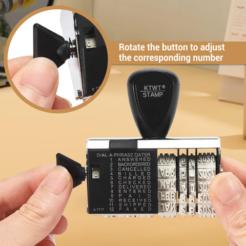 Heavy Duty 12 Phrase Date Rubber Stamp Slick Adjustable Office Stamper Featuring Month Letters With Numerical Day Year Format Built Tough For Everyday Desk Tasks Straightforward Metal Plastic Build Needs Separate Ink Pad showing adjustment button.