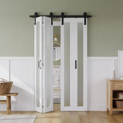56 Inch By 84 Inch Bifold Sliding Barn Door With One Lite Tempered Frosted Glass Panel And Sliding Hardware Kit Pre Drilled Closet Slab 5.33 Foot Track For Four Doors MDF White
