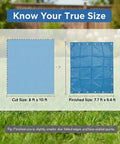 Size comparison of 8x10 Ft Tarp Pack Of 4 Ultra Durable 5 Mil Waterproof Poly Tarps with finished size details on grass background.