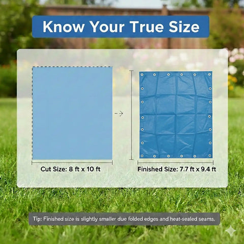 Size comparison of 8x10 Ft Tarp Pack Of 4 Ultra Durable 5 Mil Waterproof Poly Tarps with finished size details on grass background.