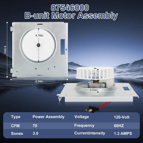 Replacement B Unit Motor Assembly for Broan NuTone 679RL And 769RF Vent Fans, front and side view showing dimensions and specifications
