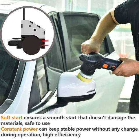 User using 3 Inch Dual Action Car Buffer Polisher with 9mm orbit on side mirror, showcasing soft start and low noise operation.