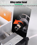 Close-up of the alloy cutter head on the 680W Air Powered Corner Trimmer, showcasing its design and attachment for woodworking.