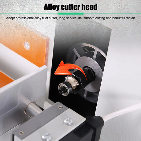 Close-up of the alloy cutter head on the 680W Air Powered Corner Trimmer, showcasing its design and attachment for woodworking.