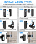 Installation instructions for doorbell mount using adjustable no drill bracket, compatible with Ring and Blink video doorbells.