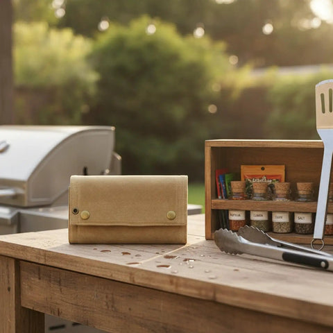 Roll Style Spice Organizer for Camping and Travel Portable Pouch on outdoor table near grill and spice jars