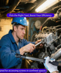 Mechanic using Offset Wrench Extender For 1/2 Inch Drive Impact Wrench in engine bay, showing heavy-duty ratchet extension for tight spaces.