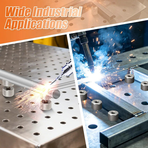 Adjustable Welding Table Fixture Pins Eight Pack Pro Grade Set for Five Eighths Inch Table Holes shown in industrial use