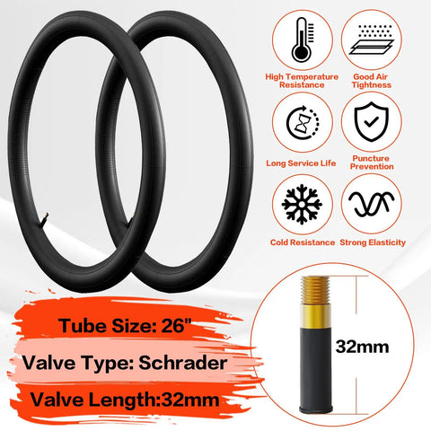 Foldable Mountain Bike Tire Set For 26 And 29 Inch Wheels With Inner Tubes, AV 32mm Schrader Valves, and performance features.