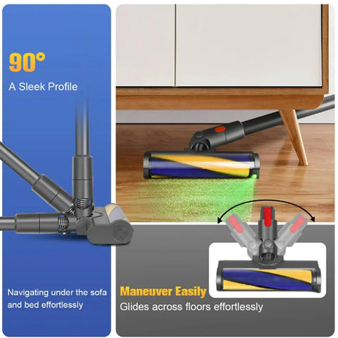 Soft Roller Laser Brush Head for V12 Detect Slim and V10 Slim showing green LED light under furniture