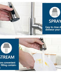 Heavy Duty Kitchen Faucet With Smooth Pull Down Sprayer In Top Shelf Brushed Nickel showcasing spray and stream functions in use.