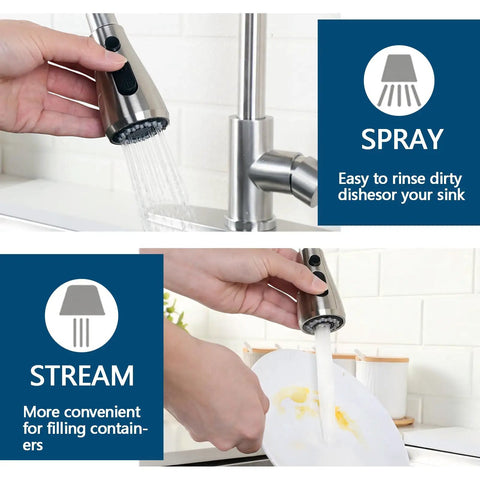 Heavy Duty Kitchen Faucet With Smooth Pull Down Sprayer In Top Shelf Brushed Nickel showcasing spray and stream functions in use.