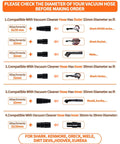 Vacuum hose adapter compatibility chart for Shark, Kenmore, Oreck, Miele, Bissell, Hoover, and Eureka models with 32-39mm attachments.
