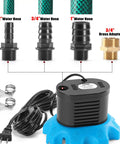 Pool Cover Pump 850 GPH for Above Ground Pools with 4 hose adapters, blue base, drainage hose, and power cord shown