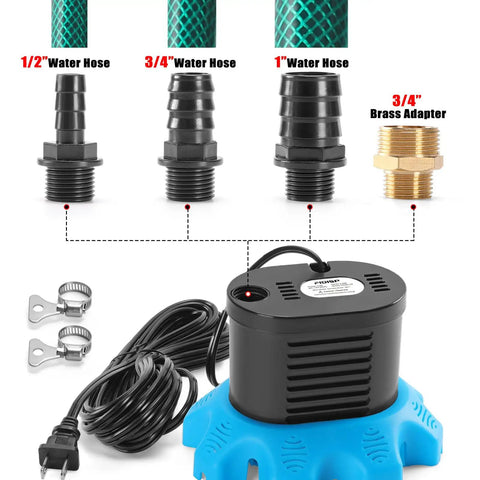Pool Cover Pump 850 GPH for Above Ground Pools with 4 hose adapters, blue base, drainage hose, and power cord shown