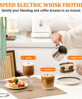 Rechargeable Milk Frother Wand With Stand USB C Handheld Mixer 2 Whisk Heads 3 Speeds on kitchen counter