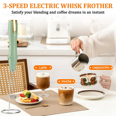 Rechargeable Milk Frother Wand With Stand USB C Handheld Mixer 2 Whisk Heads 3 Speeds on kitchen counter