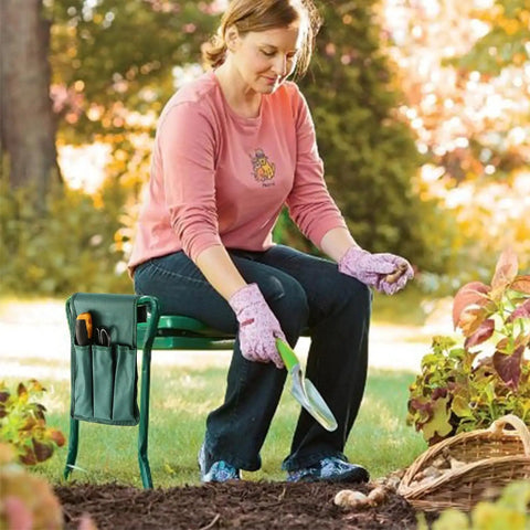 Woman using Versatile Garden Kneeler And Seat Foldable Bench With Tool Pouch And Soft Kneeling Pad in a garden setting