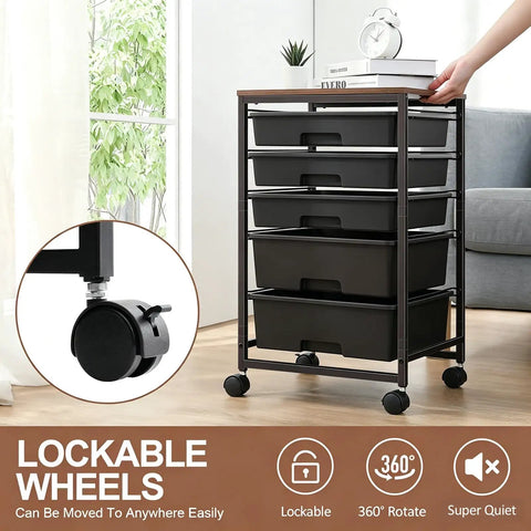 Five Tier Rolling Storage Cart With Wood Top On Wheels For Home Office Classroom Craft Room And Kid Room Mobile Drawer Trolley With Two Big Drawers And Three Small Drawers Black in living room with lockable wheels