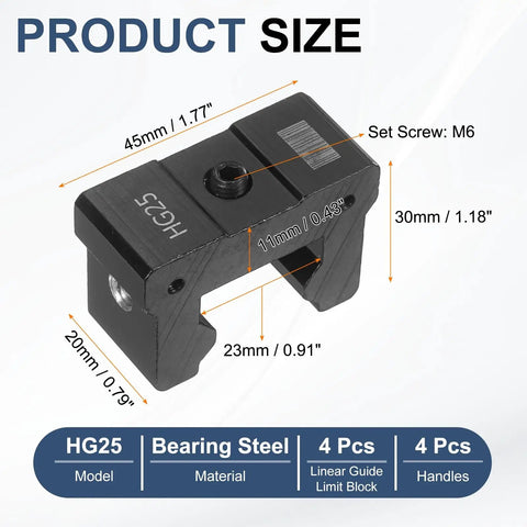 HG25 Linear Guide Rail Fixed Slider With Anti Collision Block Stopper And Handle Positioning Block For CNC Machines 3D Printers And Laser Engravers 4 Pack Dope Precision Parts, 45x20x30 mm bearing steel block