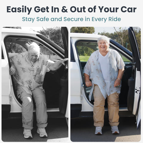 Elderly woman using Car Door Handle For Elderly 2 Pack With Anti Slip Grip And Steel Hook For Secure Latch Fit Cane Assist Handle