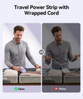 Travel Ready Cruise Approved Power Strip With Four Foot Extension Cord shown compactly packed in luggage vs. messy cords spread out.