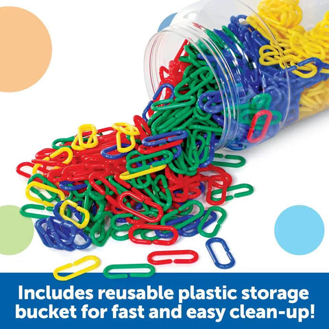 Link N Learn Links Kit For Creative Play And Fine Motor Skills, 500 Colorful Links In 4 Colors With Activity Guide And Storage Bucket, Great For Counting, Patterning, Sorting And DIY Necklaces, spilled from bucket