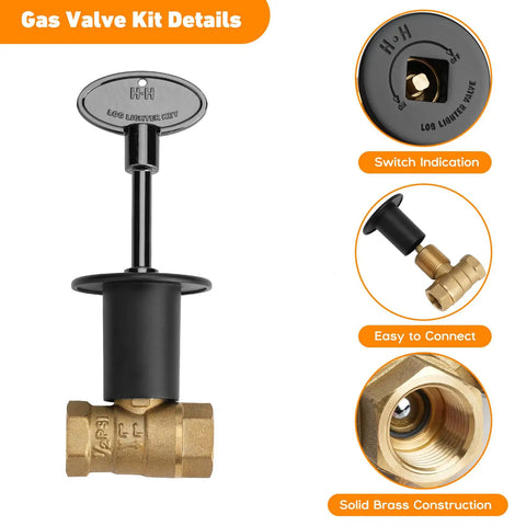 One Half Inch Gas Key Valve Kit For Fire Pit And Fireplace With Flange And Three Inch Key Flat Black Brass Quarter Turn Ball Valve