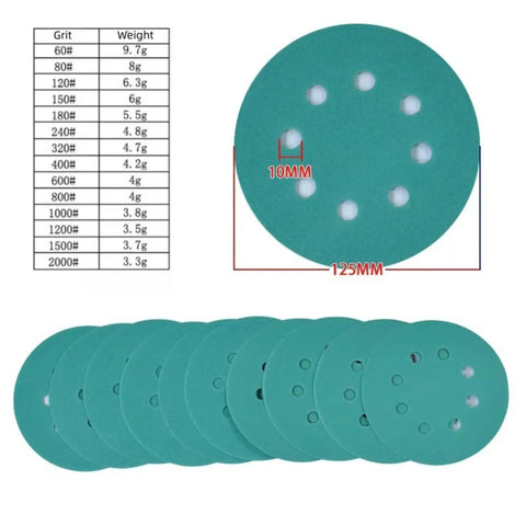 Rock Solid 5 Inch 8 Hole Zirconia Alumina Sanding Discs With Hook And Loop Adhesive For Random Orbital Sanders shown with grit sizes and weight specifications.