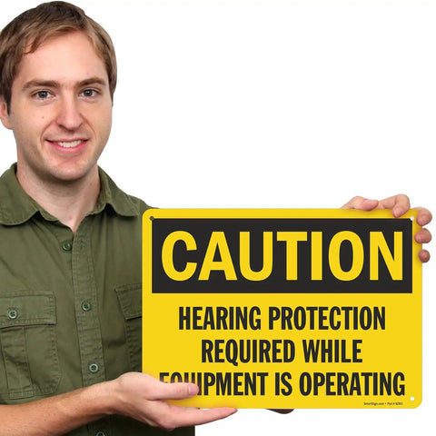 Caution Hearing Protection Required While Equipment Is Operating Sign 10x14 Inch Aluminum Black On Yellow Durable Rust Free Outdoor Use Rounded Corners For Industrial Safety