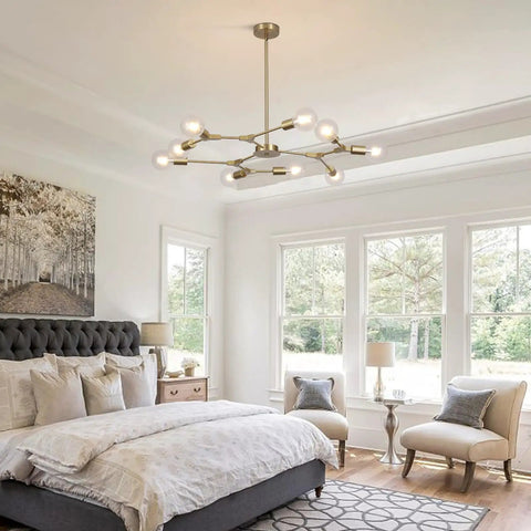 Lit Brushed Brass Sputnik Chandelier With Adjustable Hanging Arms Industrial Flush Mount Ceiling Light Fixture For Living Room
