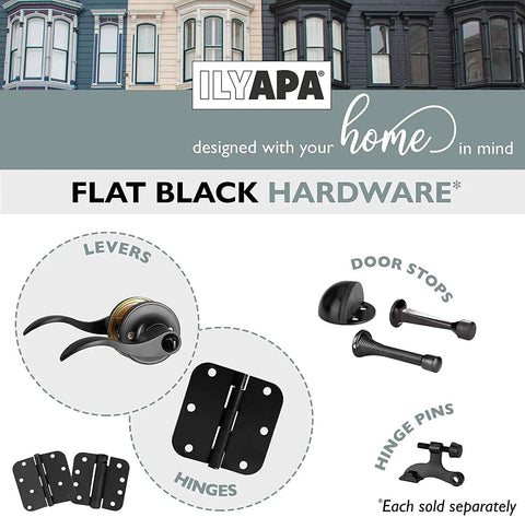Flat black hardware collage including privacy door levers, hinges, door stops, and hinge pins by ILYAPA.