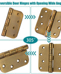 Six Piece Set Of Four Inch Ball Bearing Door Hinges With Five Eighths Inch Corner Radius Featuring Heavy Duty Brass Finish And Included Mounting Hardware For Breeze Through Installation And Smooth Swing at 305 degrees opening.