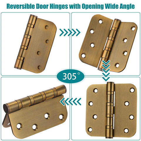 Six Piece Set Of Four Inch Ball Bearing Door Hinges With Five Eighths Inch Corner Radius Featuring Heavy Duty Brass Finish And Included Mounting Hardware For Breeze Through Installation And Smooth Swing at 305 degrees opening.