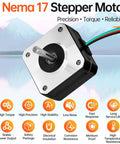 Nema 17 stepper motor, front view with silver mounting face, protruding shaft, and 4-wire cable.